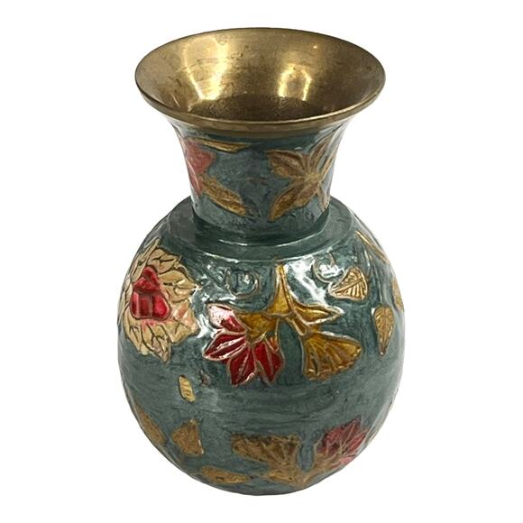 Vintage Enameled BRASS VASE 4" Mini Flower Vase Green Gold Metal Container India - Picture 3 of 7